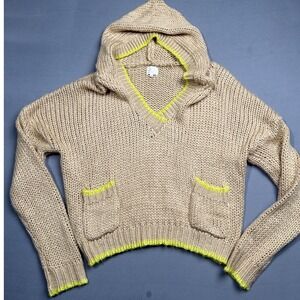 Dee Elly Knit Hoodie V-Neck‎ Pullover Pockets Cropped Sweater Casual Size S
